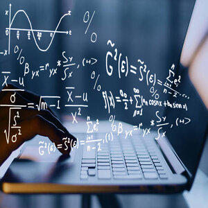 Hands using laptop with mathematical formulas. Online education concept Hands using laptop with mathematical formulas. Online education concept